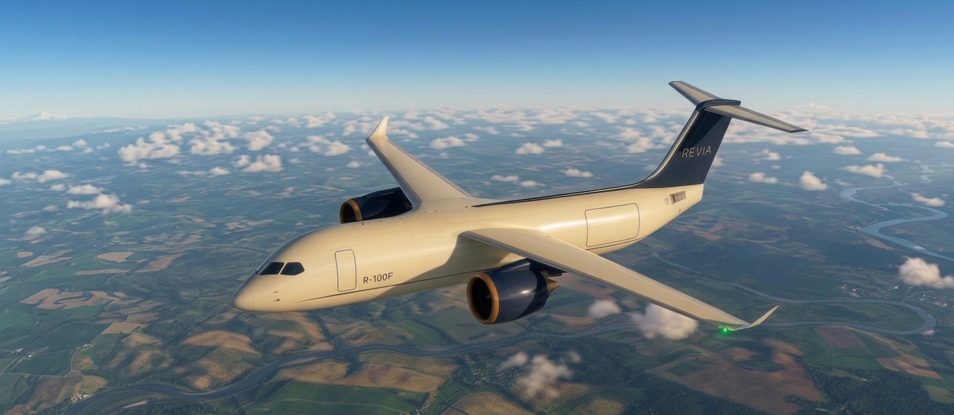 Revia R-100F regional freighter in flight over countryside.