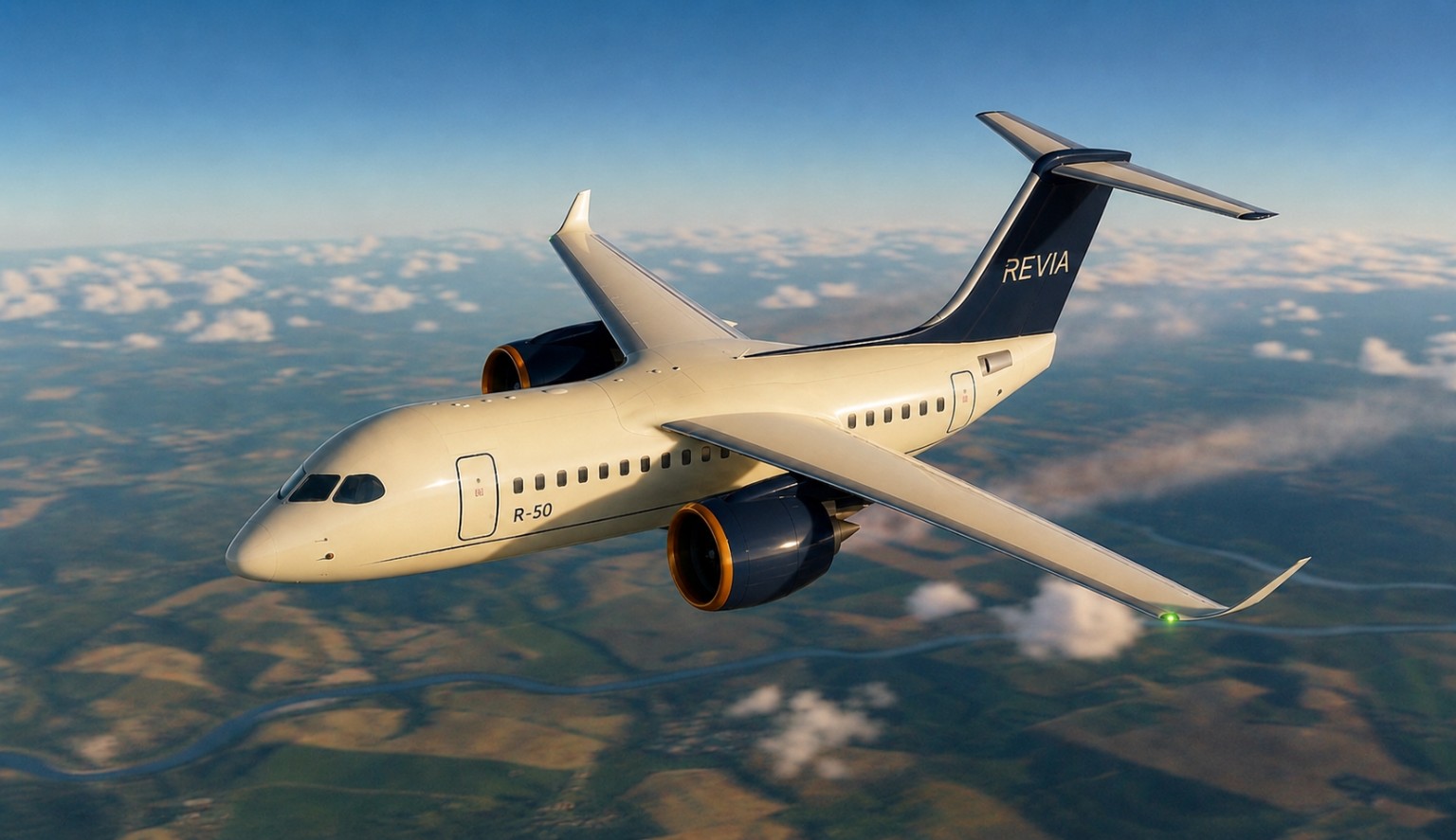 Revia R-50 regional jet in flight.
